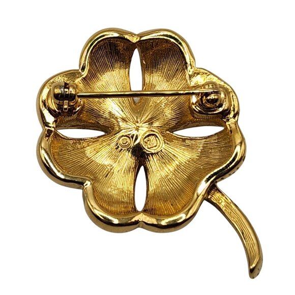 Vintage Swarovski Swan Signed Clover Brooch Gold Tone Rhinestone Shamrock Pin - Picture 6 of 7